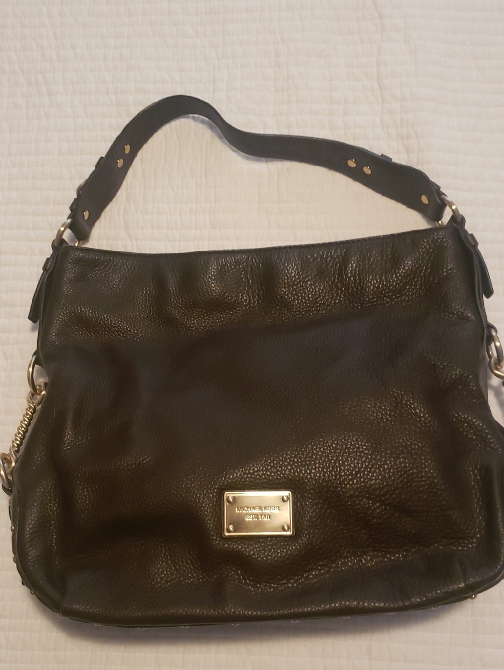 Michael Kors Dark Brown Pebbled Leather Shoulder Hobo with Signature Gold Plaque